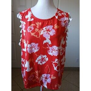 Marc New York Womebs Tank‎ Orange Floral Large Sleeveless Top Tropical Tassels